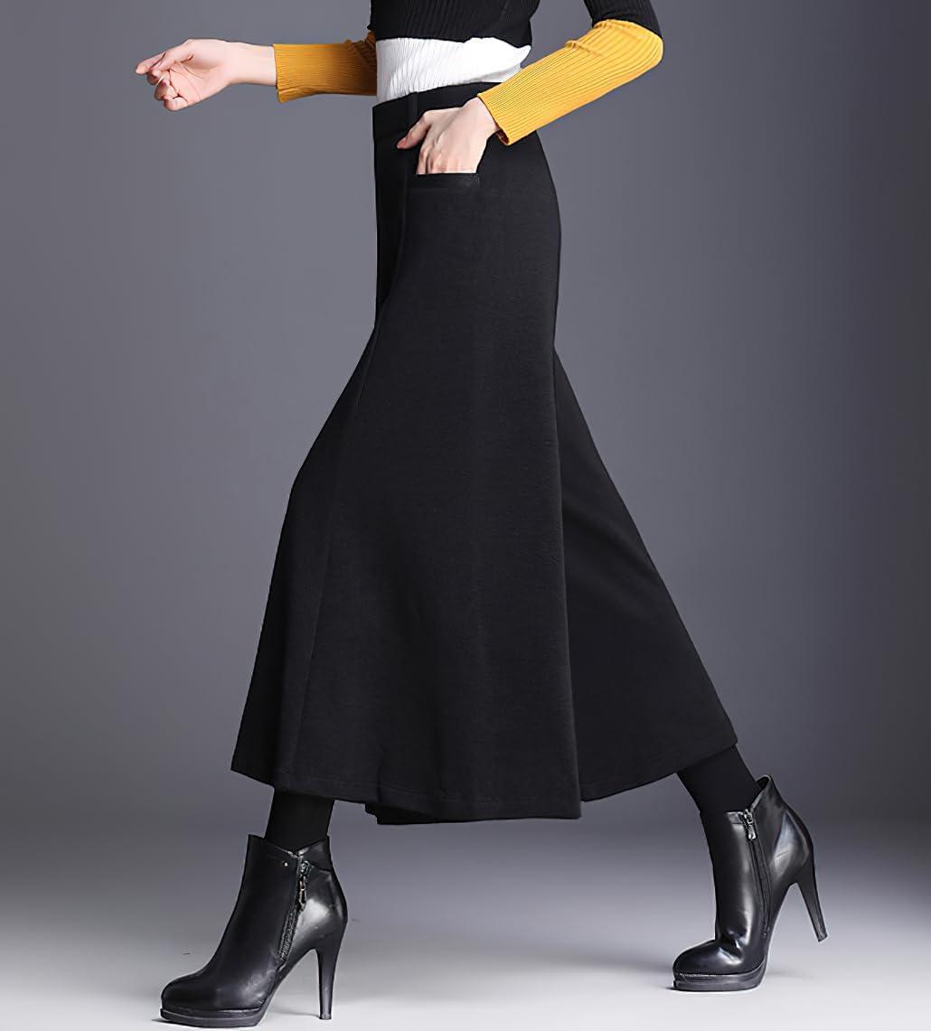 imagechouyatou Womens Wool Blend Culottes Capri Cropped Pants Pleated High Waist Wide Leg Palazzo TrousersBlack