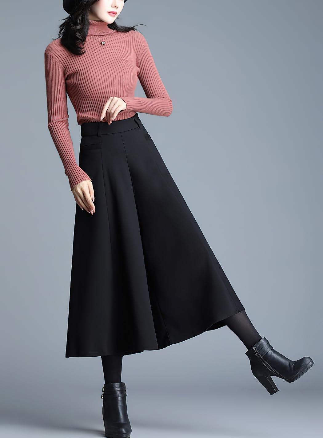 imagechouyatou Womens Wool Blend Culottes Capri Cropped Pants Pleated High Waist Wide Leg Palazzo TrousersBlack