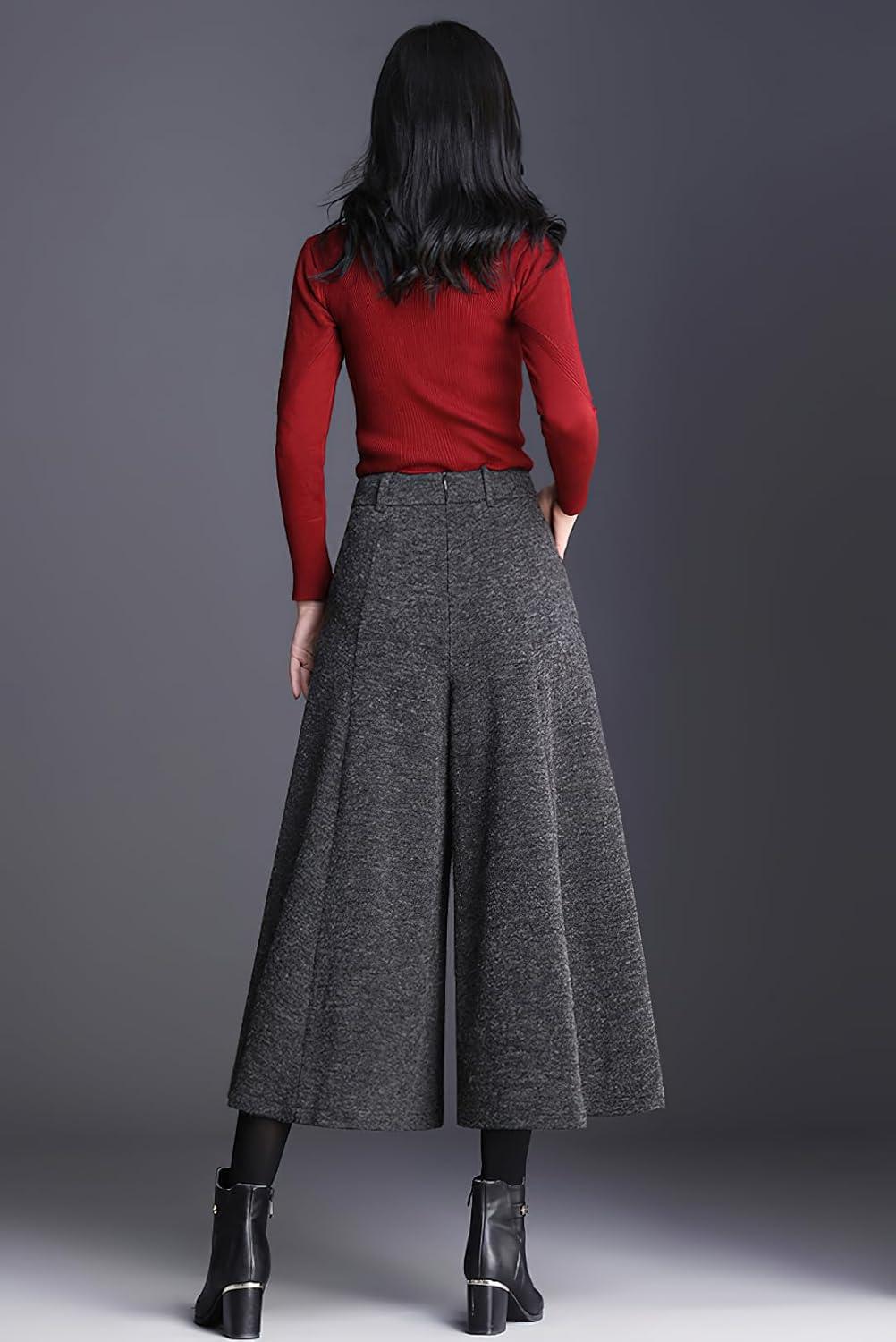 imagechouyatou Womens Wool Blend Culottes Capri Cropped Pants Pleated High Waist Wide Leg Palazzo TrousersGrey