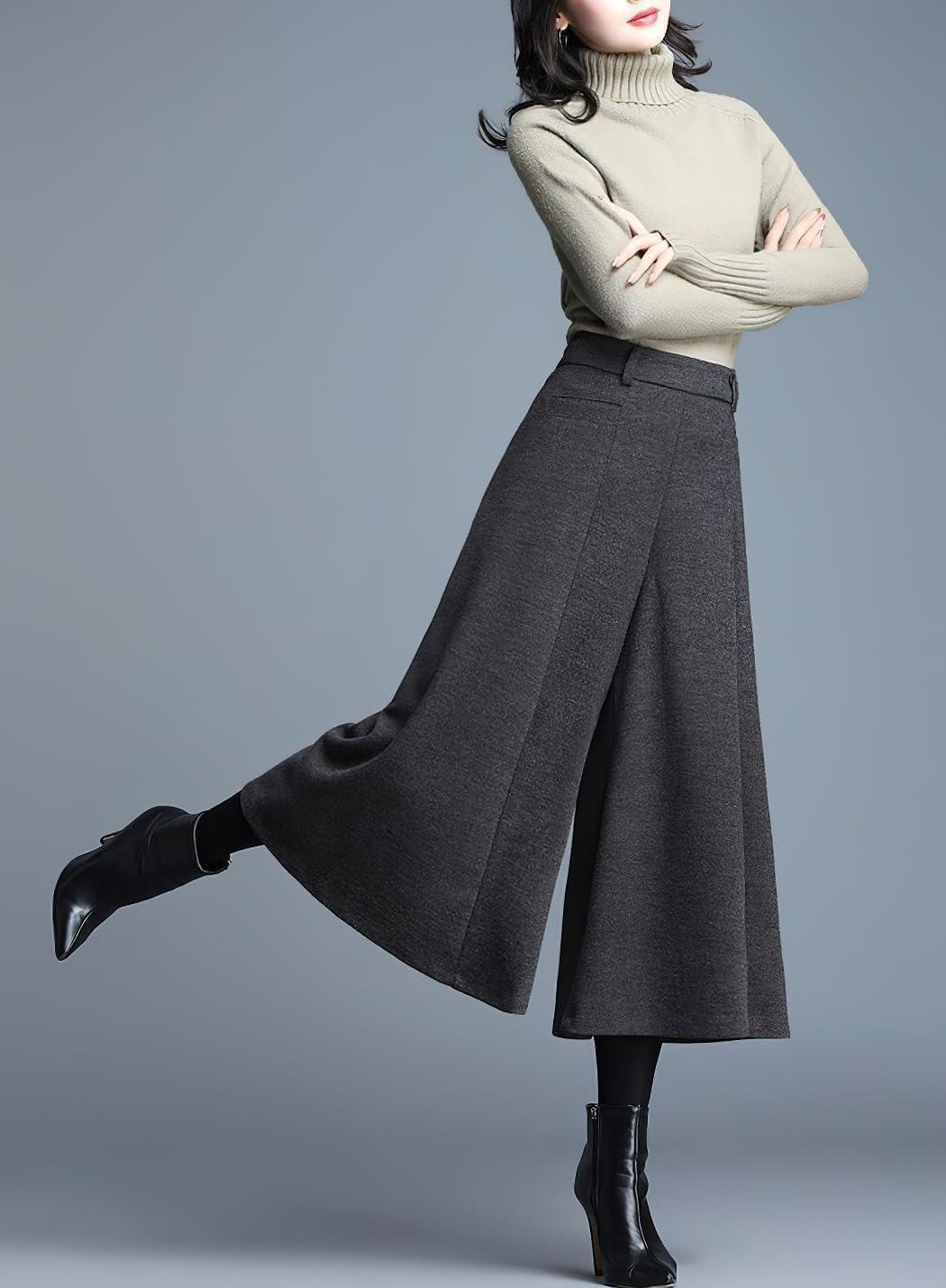 imagechouyatou Womens Wool Blend Culottes Capri Cropped Pants Pleated High Waist Wide Leg Palazzo TrousersGrey