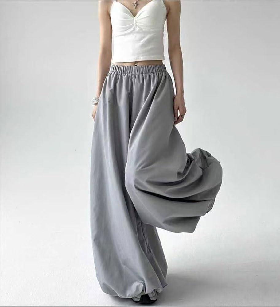 imagechouyatou Womens Y2k Baggy Parachute Pants Wide Leg Bubble Hem Pants Puffy Balloon CulottesGray