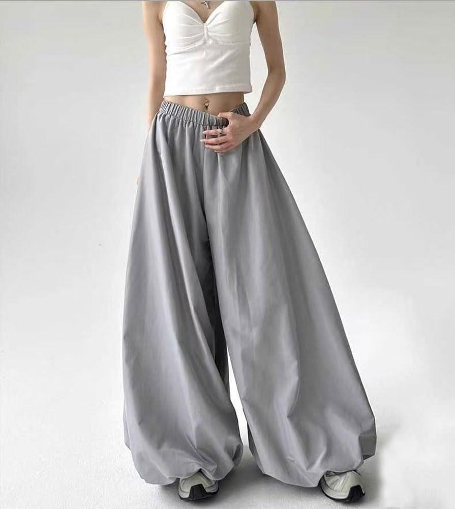 imagechouyatou Womens Y2k Baggy Parachute Pants Wide Leg Bubble Hem Pants Puffy Balloon CulottesGray