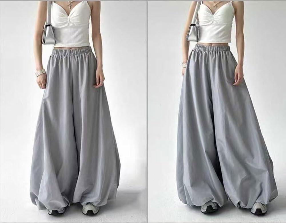 imagechouyatou Womens Y2k Baggy Parachute Pants Wide Leg Bubble Hem Pants Puffy Balloon CulottesGray