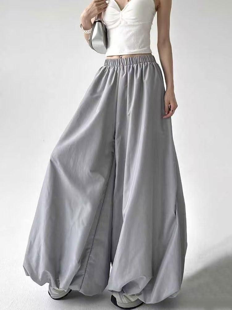 imagechouyatou Womens Y2k Baggy Parachute Pants Wide Leg Bubble Hem Pants Puffy Balloon CulottesGray