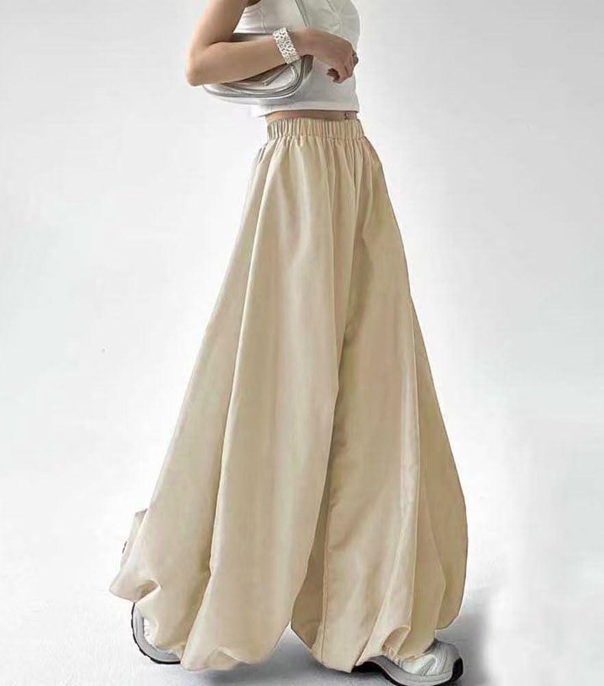 imagechouyatou Womens Y2k Baggy Parachute Pants Wide Leg Bubble Hem Pants Puffy Balloon CulottesKhaki