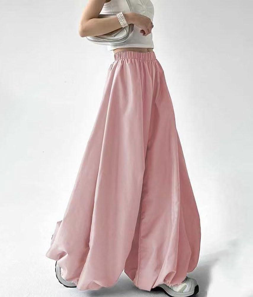 imagechouyatou Womens Y2k Baggy Parachute Pants Wide Leg Bubble Hem Pants Puffy Balloon CulottesPink