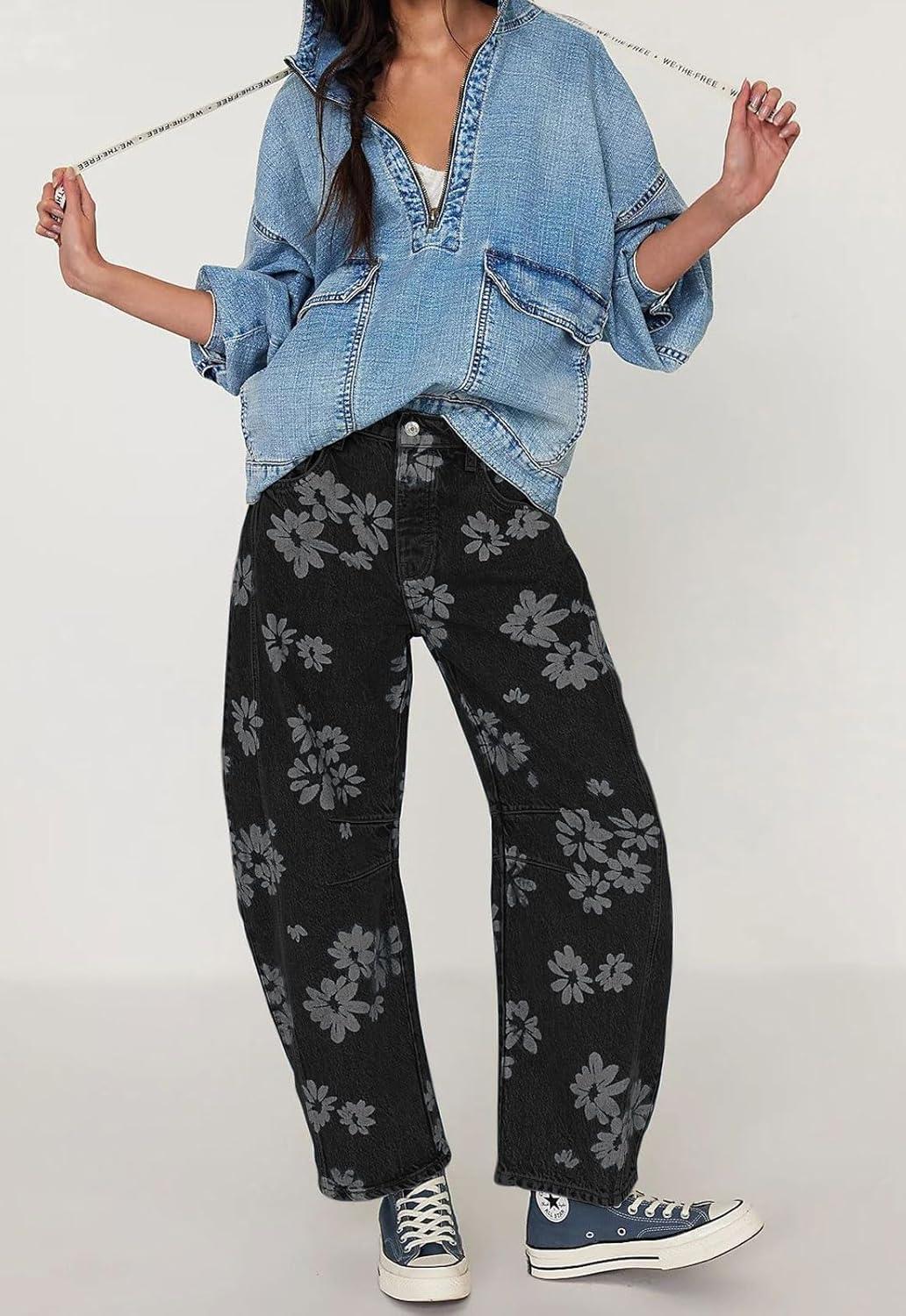 imagechouyatou Womens Y2k Baggy Wide Leg Denim Pants Boho Floral Printed Boyfriend Barrel Jeans with PocketsFlower Black