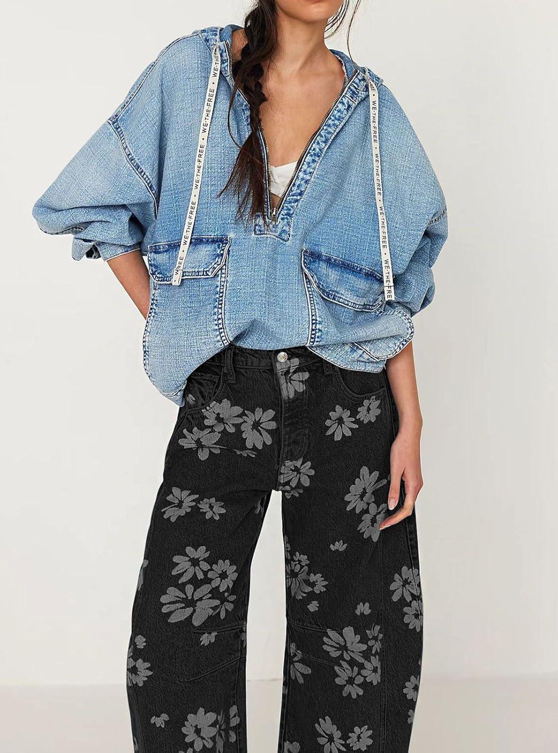 imagechouyatou Womens Y2k Baggy Wide Leg Denim Pants Boho Floral Printed Boyfriend Barrel Jeans with PocketsFlower Black