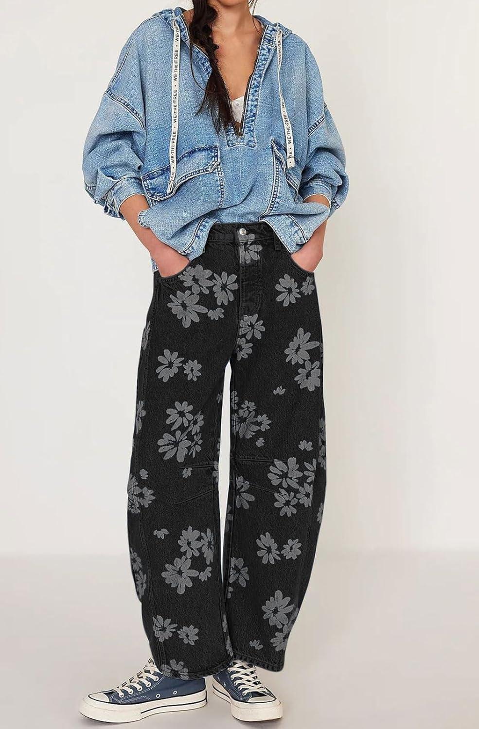 imagechouyatou Womens Y2k Baggy Wide Leg Denim Pants Boho Floral Printed Boyfriend Barrel Jeans with PocketsFlower Black