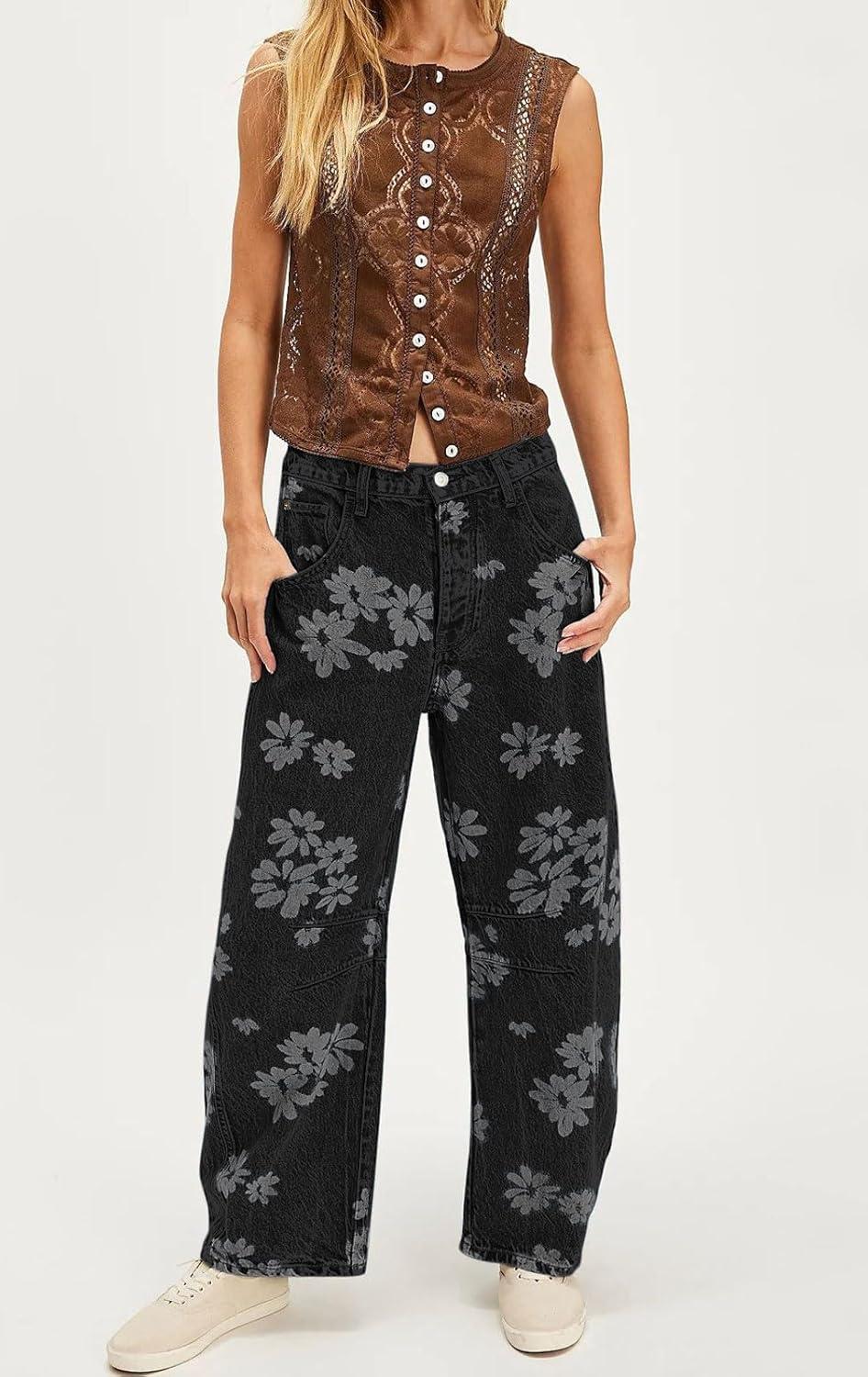 imagechouyatou Womens Y2k Baggy Wide Leg Denim Pants Boho Floral Printed Boyfriend Barrel Jeans with PocketsFlower Black
