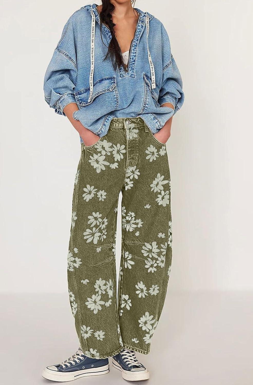 imagechouyatou Womens Y2k Baggy Wide Leg Denim Pants Boho Floral Printed Boyfriend Barrel Jeans with PocketsGreen