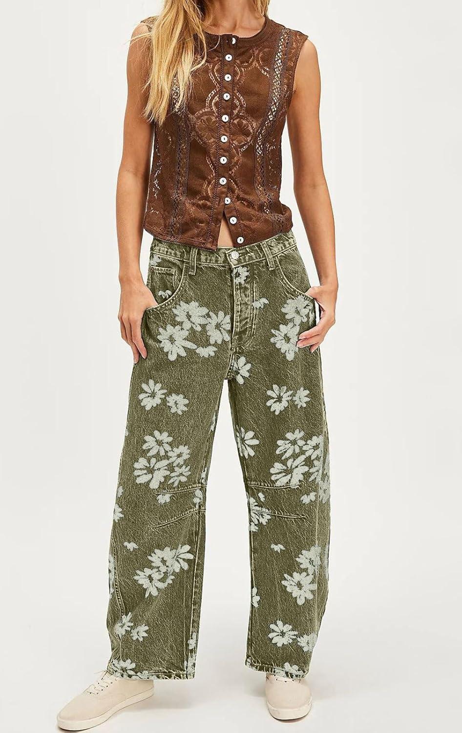 imagechouyatou Womens Y2k Baggy Wide Leg Denim Pants Boho Floral Printed Boyfriend Barrel Jeans with PocketsGreen