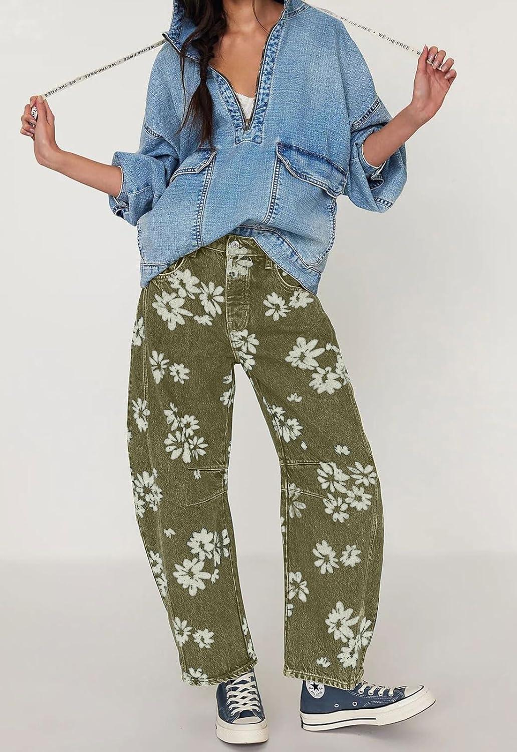 imagechouyatou Womens Y2k Baggy Wide Leg Denim Pants Boho Floral Printed Boyfriend Barrel Jeans with PocketsGreen