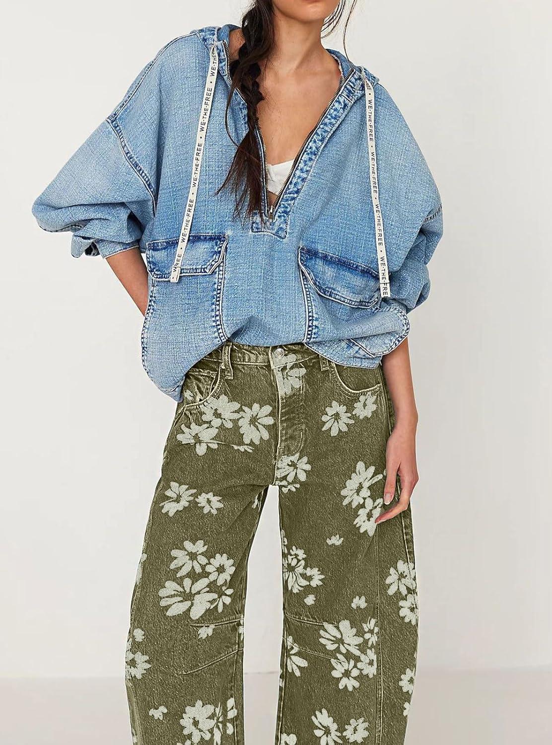 imagechouyatou Womens Y2k Baggy Wide Leg Denim Pants Boho Floral Printed Boyfriend Barrel Jeans with PocketsGreen