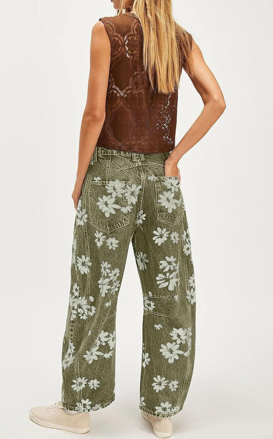 imagechouyatou Womens Y2k Baggy Wide Leg Denim Pants Boho Floral Printed Boyfriend Barrel Jeans with PocketsGreen