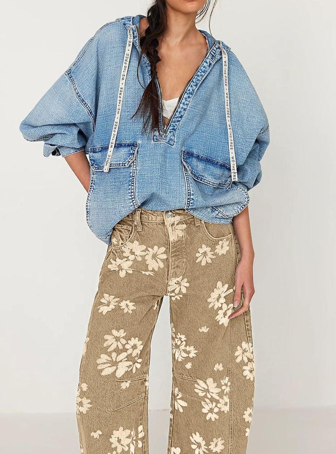 imagechouyatou Womens Y2k Baggy Wide Leg Denim Pants Boho Floral Printed Boyfriend Barrel Jeans with PocketsKhaki