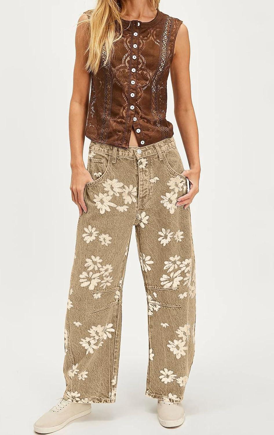 imagechouyatou Womens Y2k Baggy Wide Leg Denim Pants Boho Floral Printed Boyfriend Barrel Jeans with PocketsKhaki