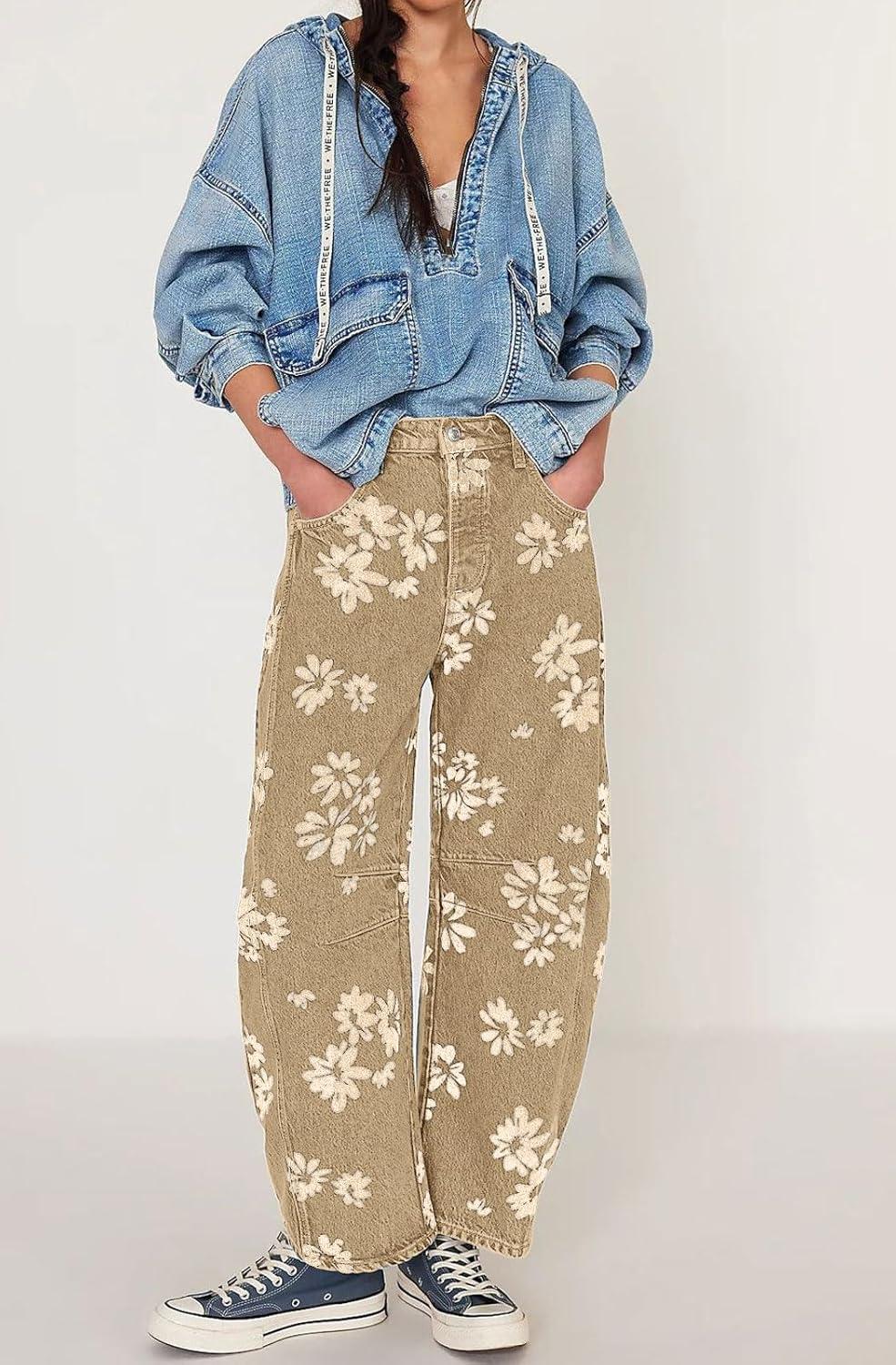 imagechouyatou Womens Y2k Baggy Wide Leg Denim Pants Boho Floral Printed Boyfriend Barrel Jeans with PocketsKhaki