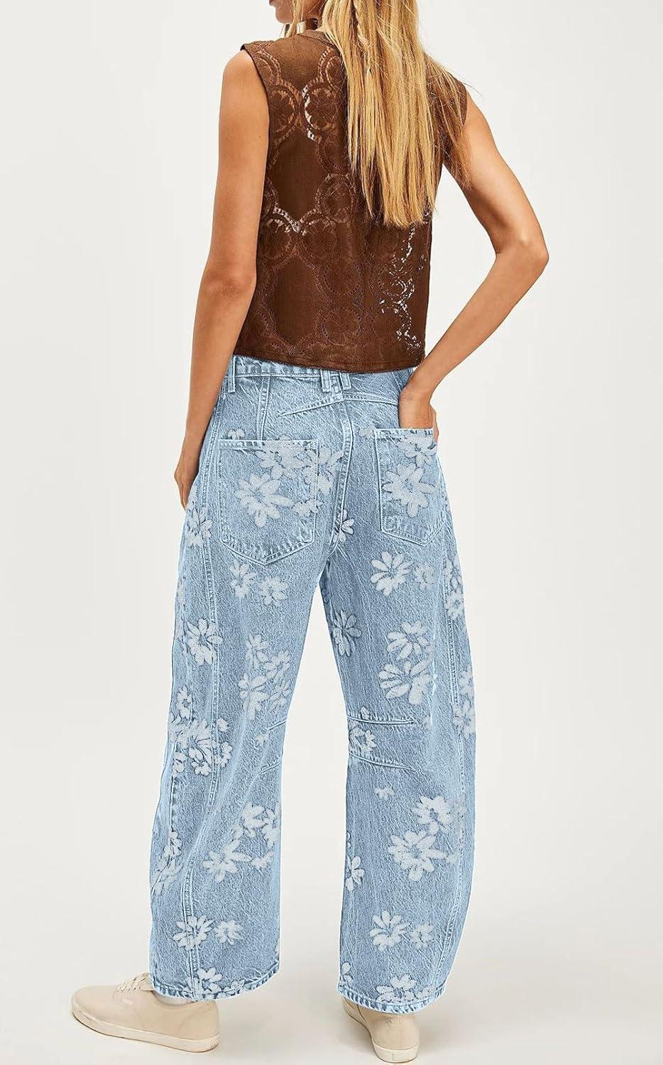 imagechouyatou Womens Y2k Baggy Wide Leg Denim Pants Boho Floral Printed Boyfriend Barrel Jeans with PocketsLight Blue