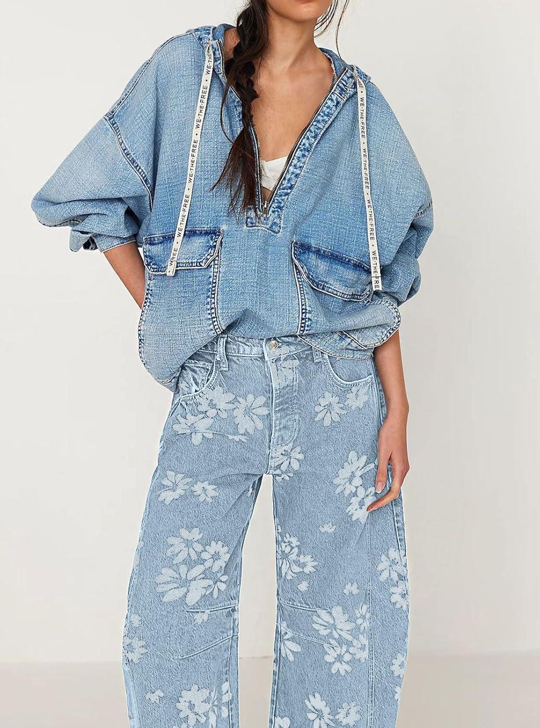 imagechouyatou Womens Y2k Baggy Wide Leg Denim Pants Boho Floral Printed Boyfriend Barrel Jeans with PocketsLight Blue