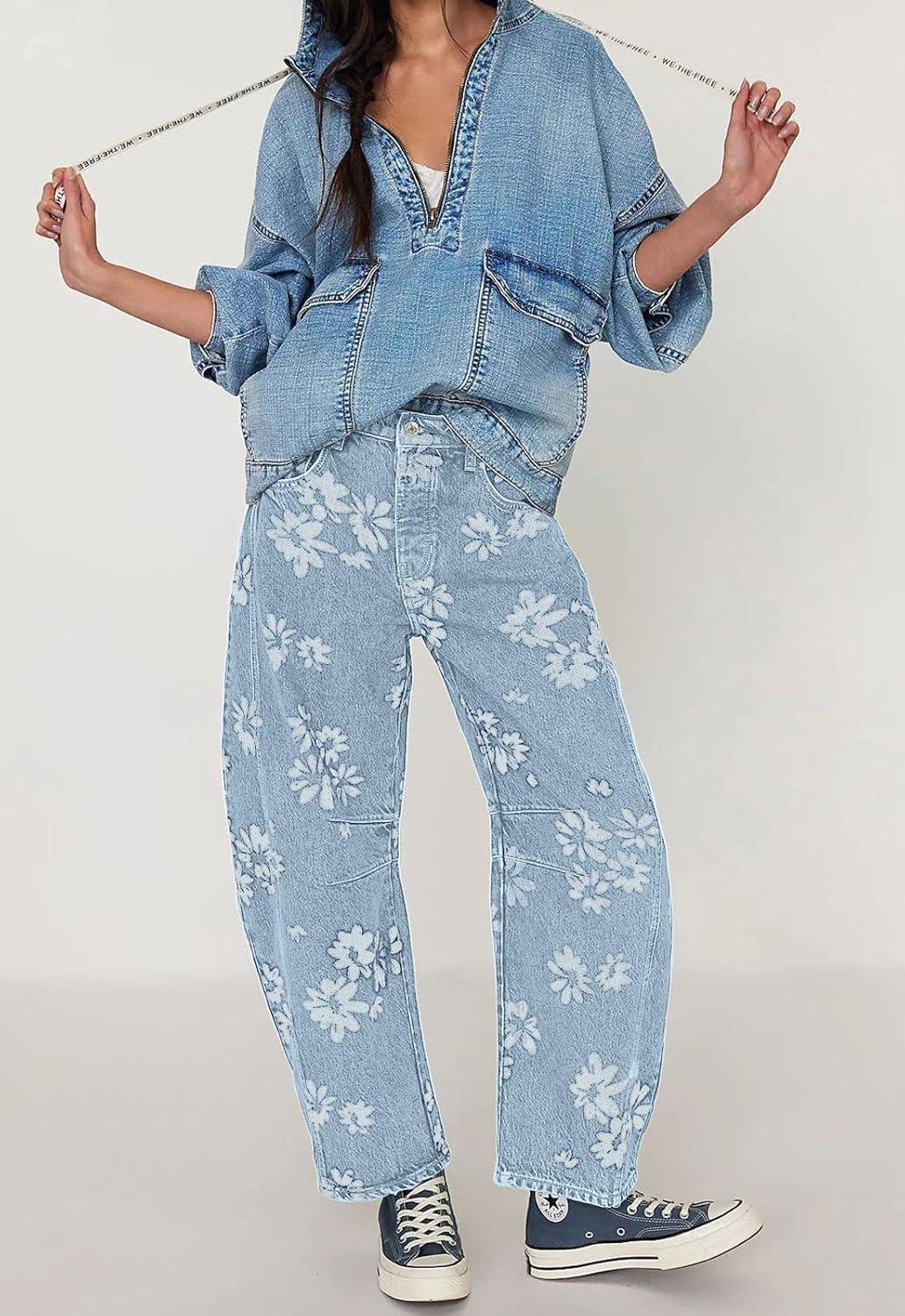 imagechouyatou Womens Y2k Baggy Wide Leg Denim Pants Boho Floral Printed Boyfriend Barrel Jeans with PocketsLight Blue