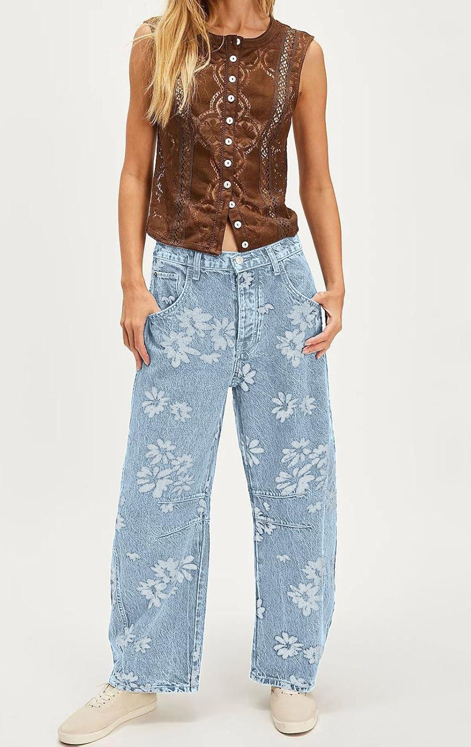 imagechouyatou Womens Y2k Baggy Wide Leg Denim Pants Boho Floral Printed Boyfriend Barrel Jeans with PocketsLight Blue