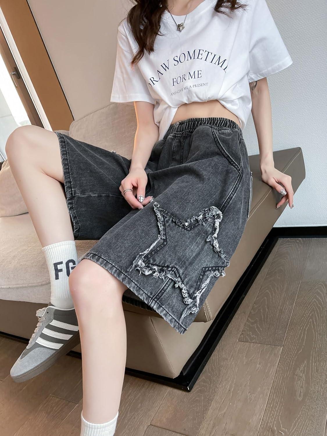 imagechouyatou Womens Y2k Star Patchwork Denim Shorts High Elastic Waist Wide Leg Bermuda Jean Shorts with PocketsBlack
