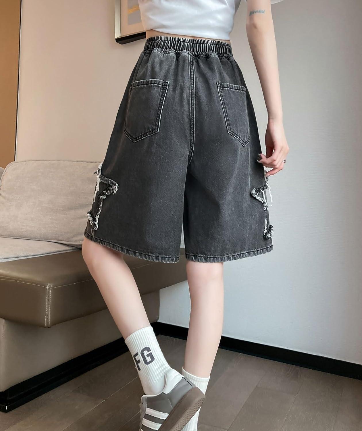 imagechouyatou Womens Y2k Star Patchwork Denim Shorts High Elastic Waist Wide Leg Bermuda Jean Shorts with PocketsBlack