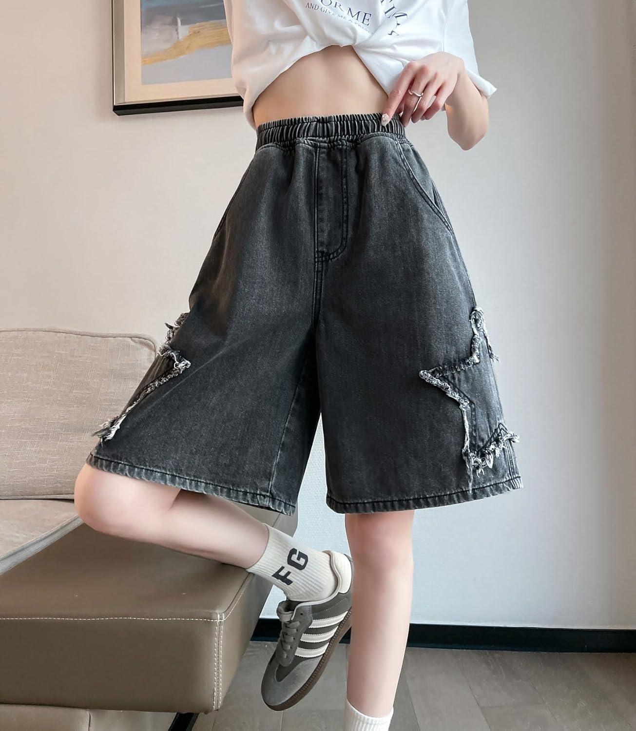 imagechouyatou Womens Y2k Star Patchwork Denim Shorts High Elastic Waist Wide Leg Bermuda Jean Shorts with PocketsBlack