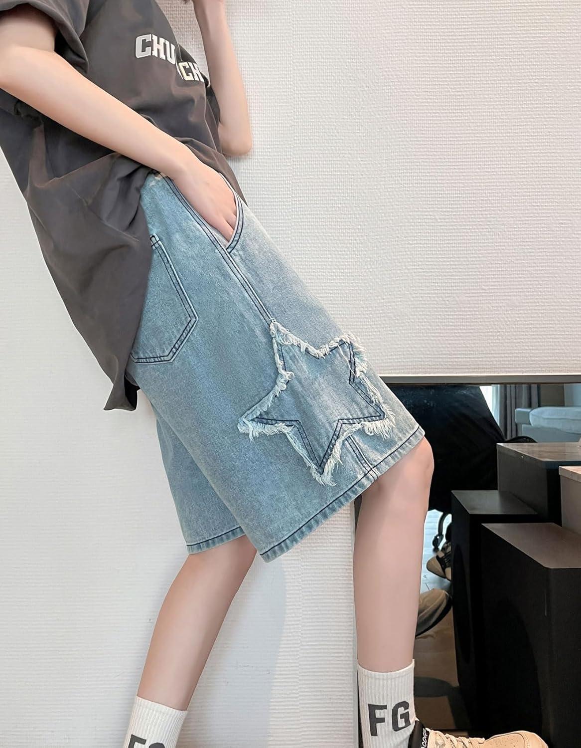 imagechouyatou Womens Y2k Star Patchwork Denim Shorts High Elastic Waist Wide Leg Bermuda Jean Shorts with PocketsBlue