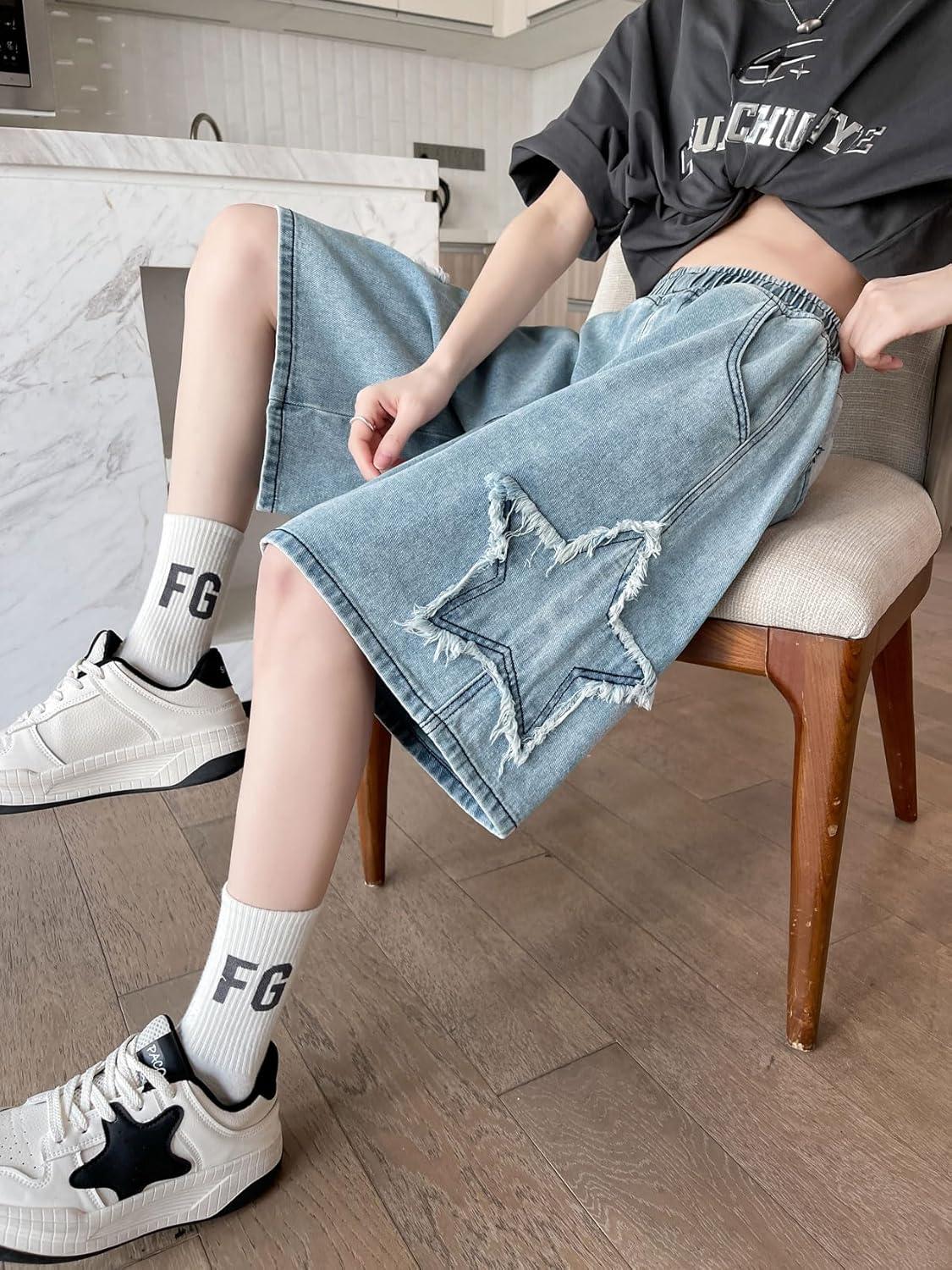 imagechouyatou Womens Y2k Star Patchwork Denim Shorts High Elastic Waist Wide Leg Bermuda Jean Shorts with PocketsBlue