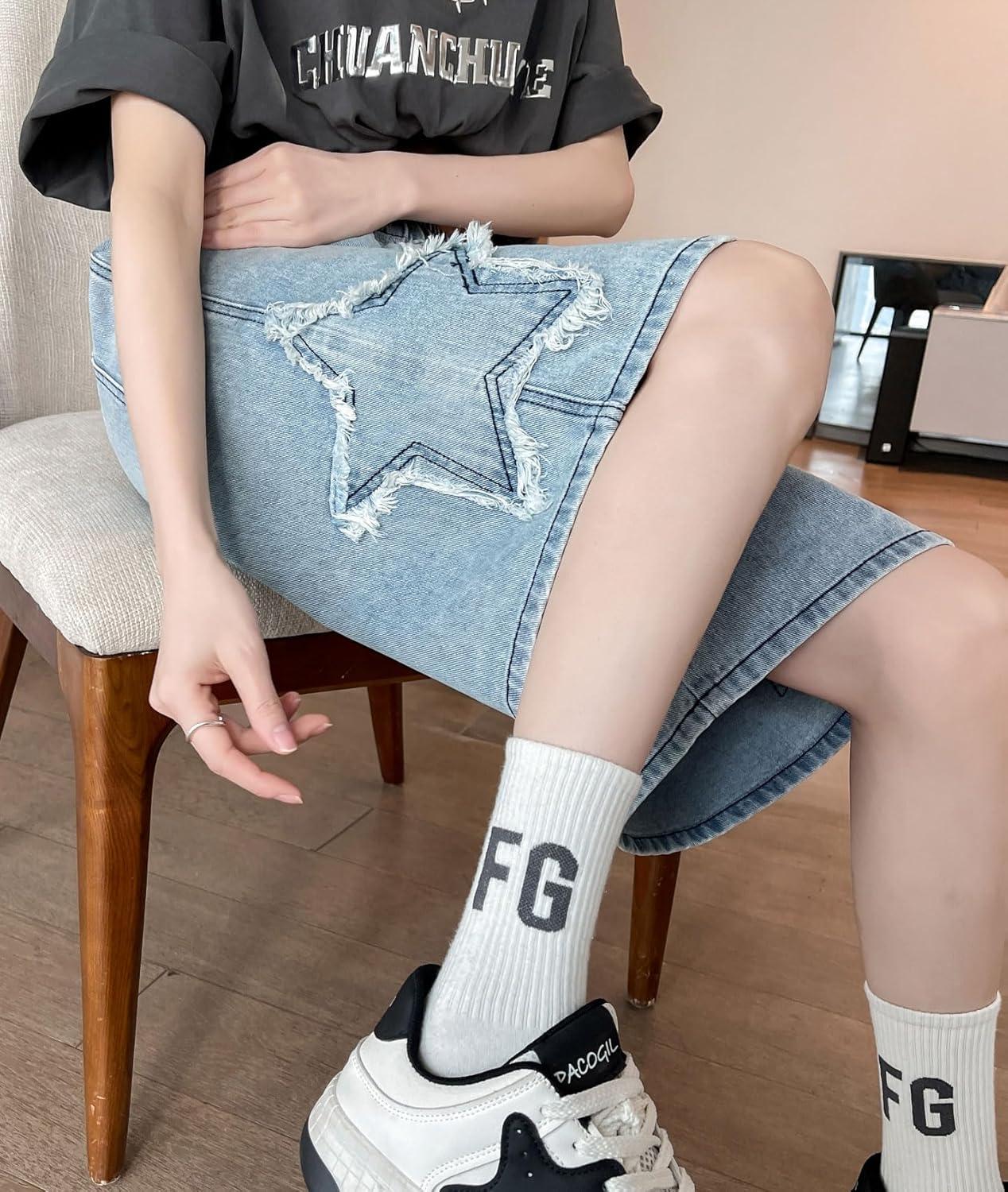imagechouyatou Womens Y2k Star Patchwork Denim Shorts High Elastic Waist Wide Leg Bermuda Jean Shorts with PocketsBlue