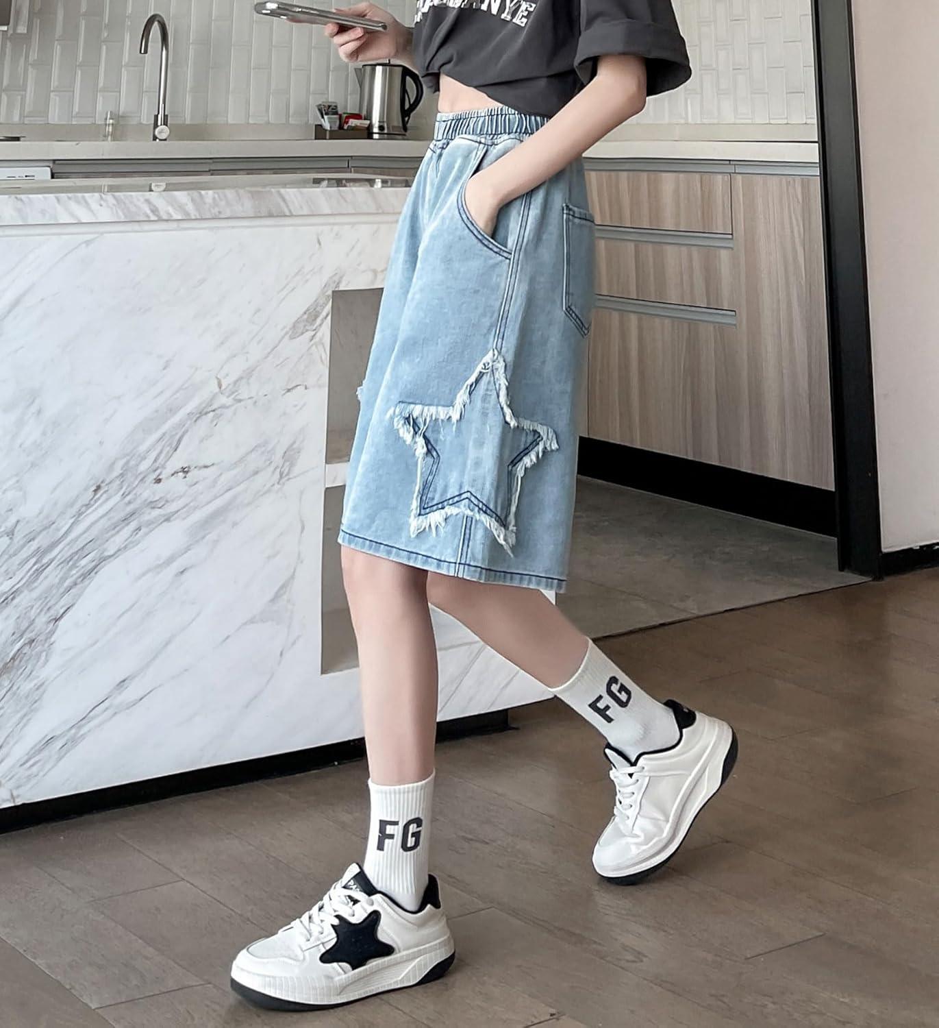 imagechouyatou Womens Y2k Star Patchwork Denim Shorts High Elastic Waist Wide Leg Bermuda Jean Shorts with PocketsBlue