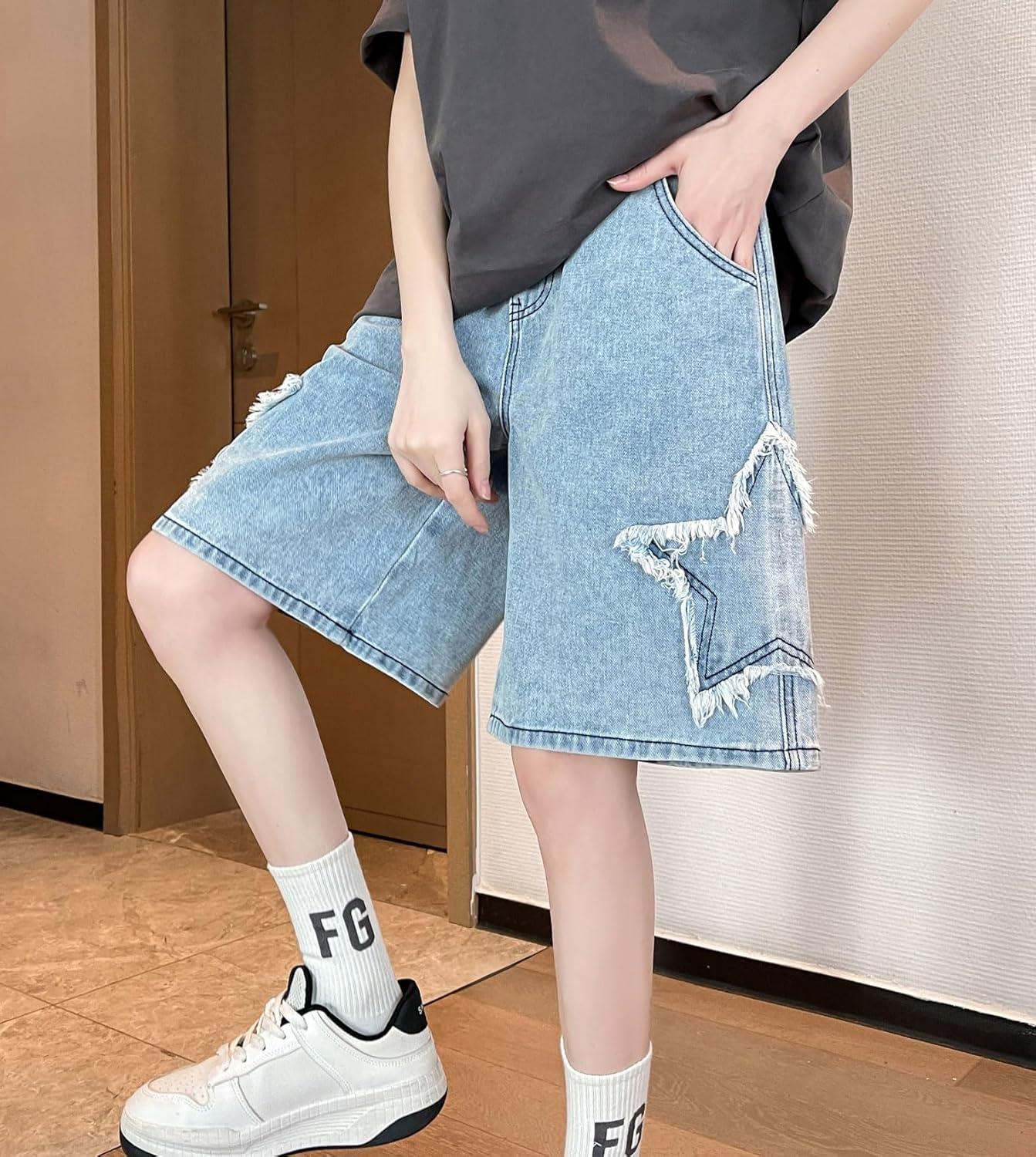 imagechouyatou Womens Y2k Star Patchwork Denim Shorts High Elastic Waist Wide Leg Bermuda Jean Shorts with PocketsBlue
