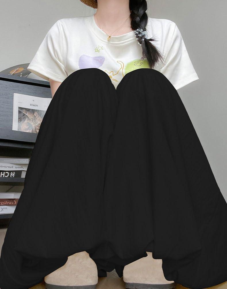imagechouyatou Womens Y2k Wide Leg Bubble Pants Puffy Balloon Culottes Drawstring Baggy Palazzo Pants with PocketsBlack
