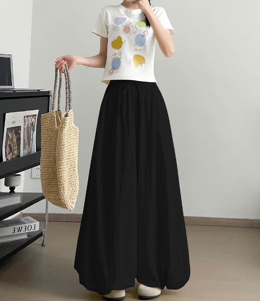 imagechouyatou Womens Y2k Wide Leg Bubble Pants Puffy Balloon Culottes Drawstring Baggy Palazzo Pants with PocketsBlack