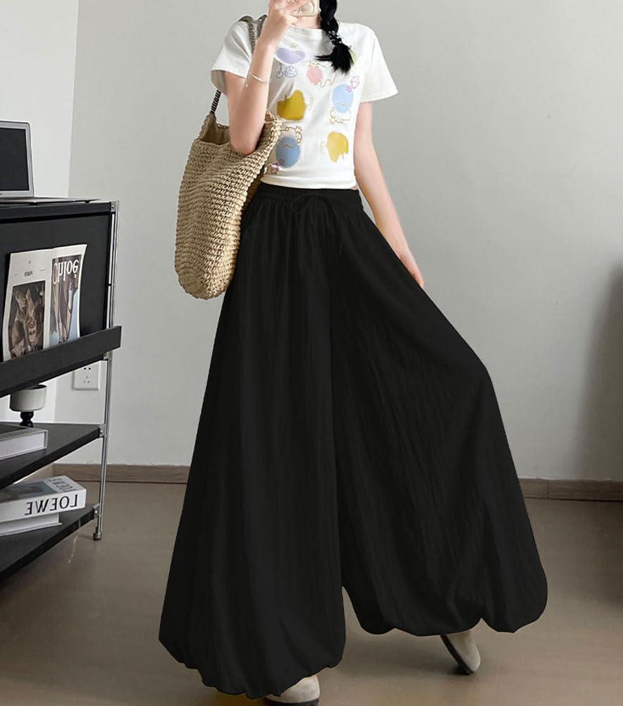 imagechouyatou Womens Y2k Wide Leg Bubble Pants Puffy Balloon Culottes Drawstring Baggy Palazzo Pants with PocketsBlack