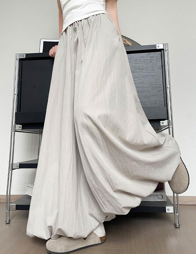 imagechouyatou Womens Y2k Wide Leg Bubble Pants Puffy Balloon Culottes Drawstring Baggy Palazzo Pants with PocketsGray