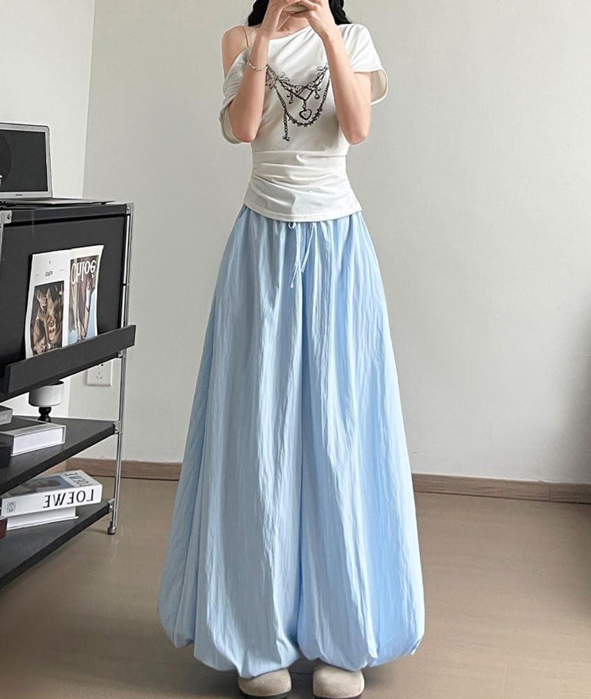 imagechouyatou Womens Y2k Wide Leg Bubble Pants Puffy Balloon Culottes Drawstring Baggy Palazzo Pants with PocketsLight Blue