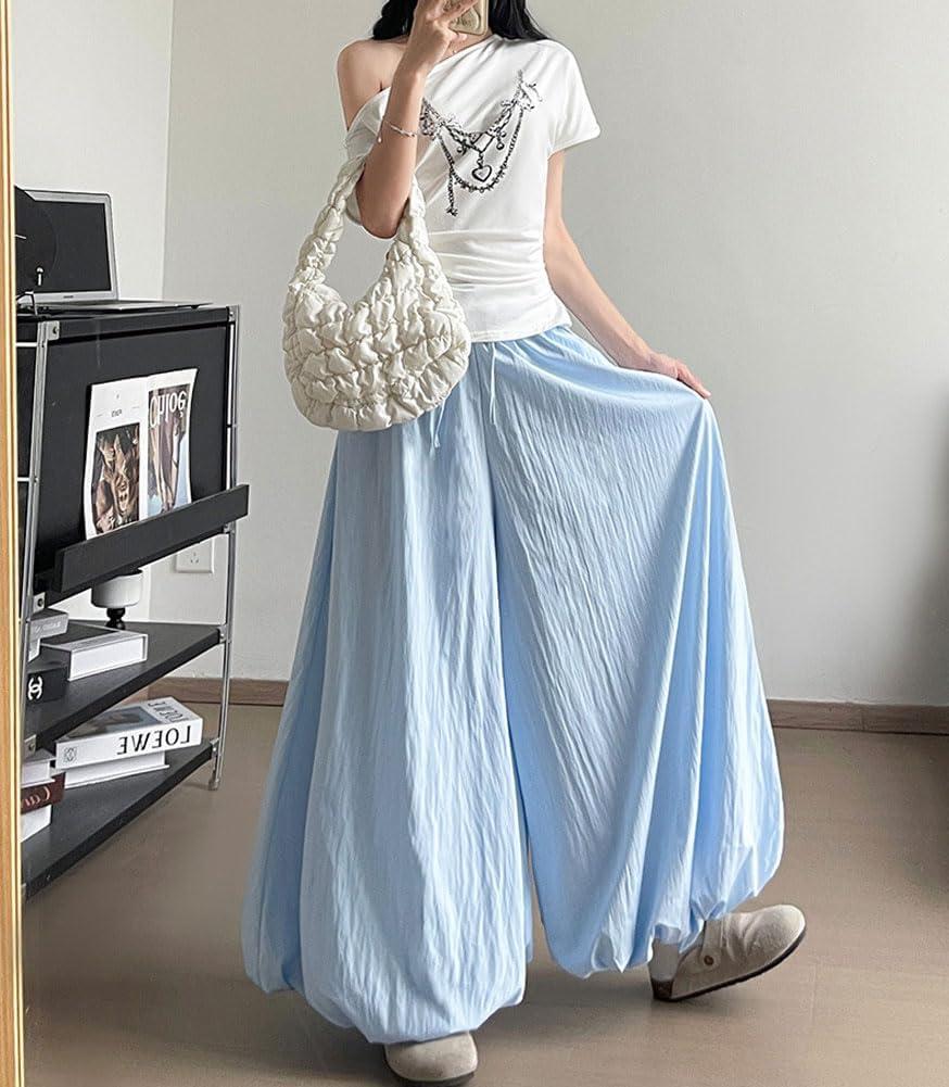 imagechouyatou Womens Y2k Wide Leg Bubble Pants Puffy Balloon Culottes Drawstring Baggy Palazzo Pants with PocketsLight Blue