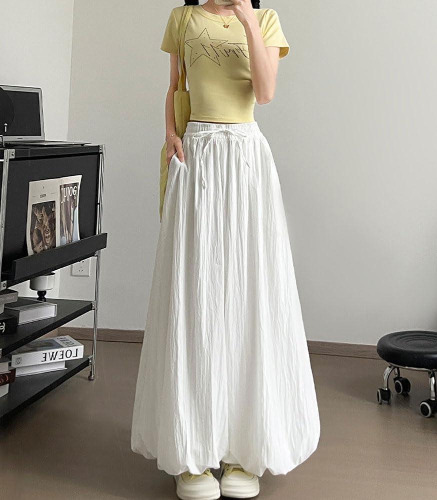 imagechouyatou Womens Y2k Wide Leg Bubble Pants Puffy Balloon Culottes Drawstring Baggy Palazzo Pants with PocketsWhite