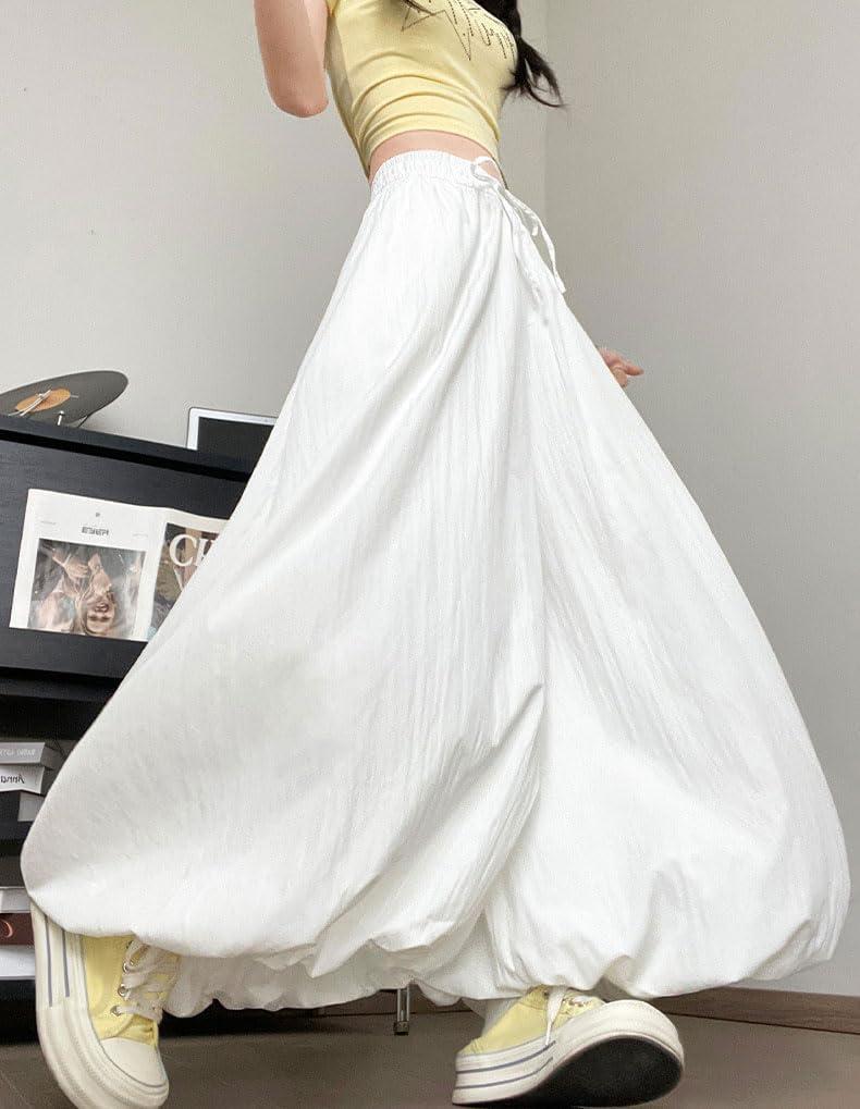 imagechouyatou Womens Y2k Wide Leg Bubble Pants Puffy Balloon Culottes Drawstring Baggy Palazzo Pants with PocketsWhite