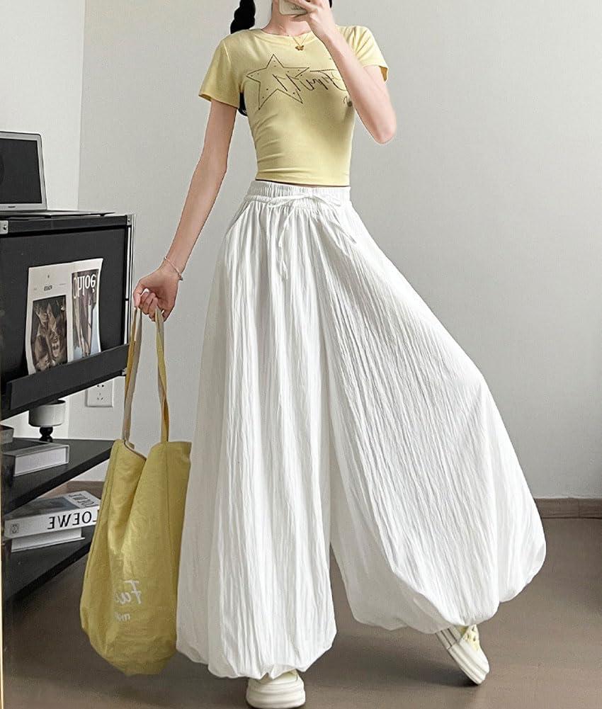 imagechouyatou Womens Y2k Wide Leg Bubble Pants Puffy Balloon Culottes Drawstring Baggy Palazzo Pants with PocketsWhite