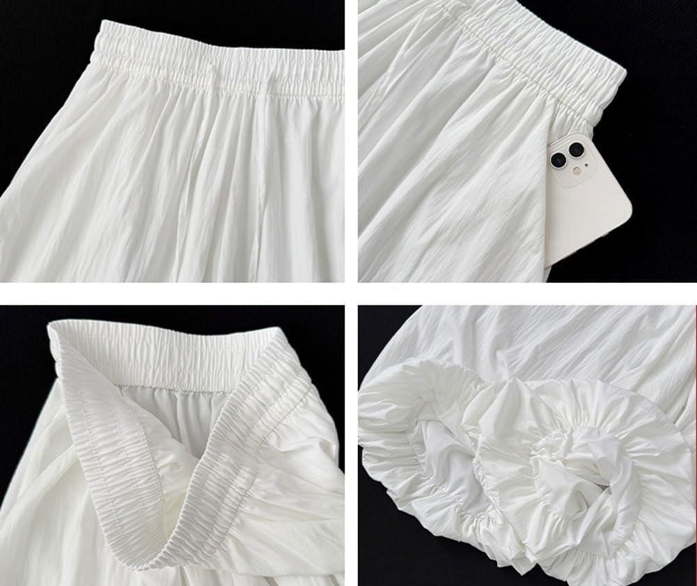 imagechouyatou Womens Y2k Wide Leg Bubble Pants Puffy Balloon Culottes Drawstring Baggy Palazzo Pants with PocketsWhite