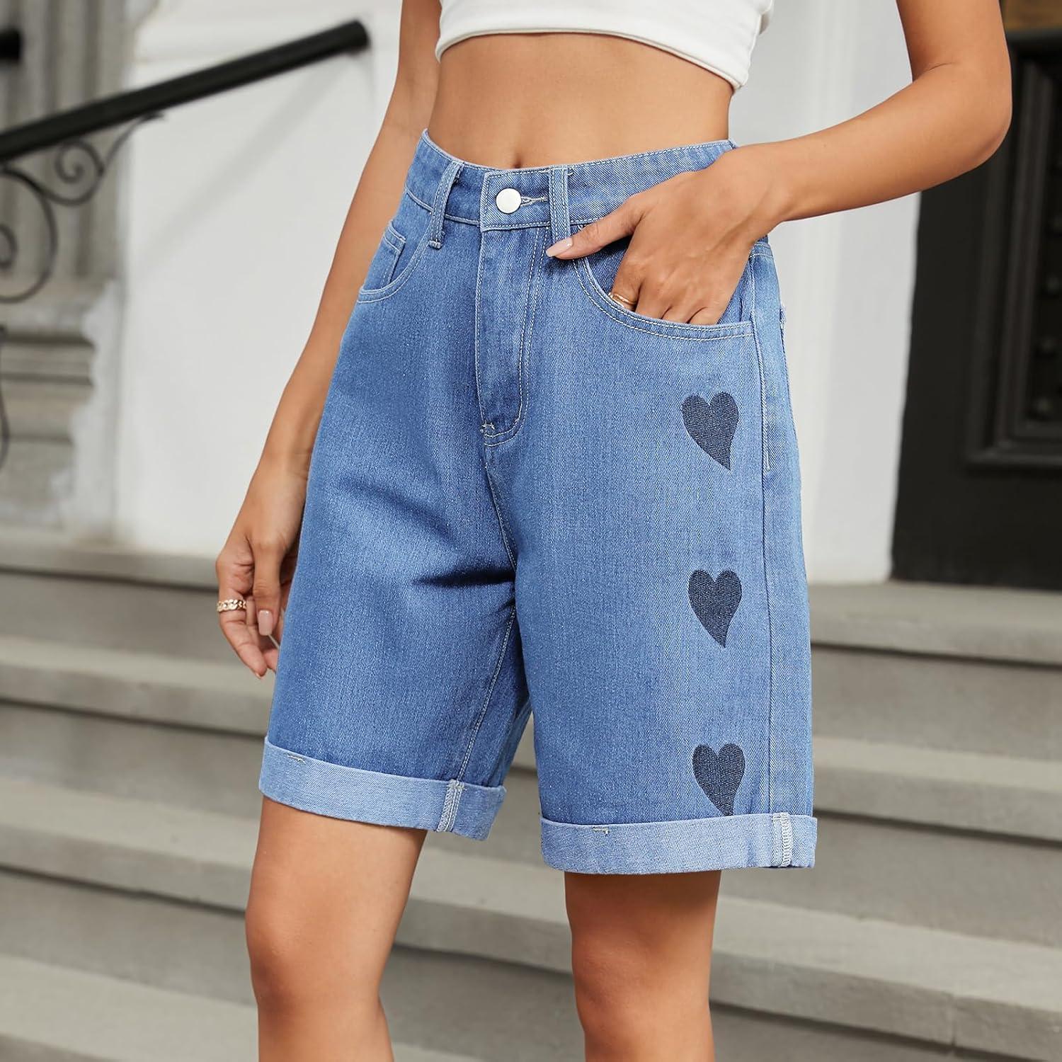 imagechouyatou Womens Y2k Wide Leg Denim Shorts Heart Pattern High Waisted Jean Shorts with PocketsBlue