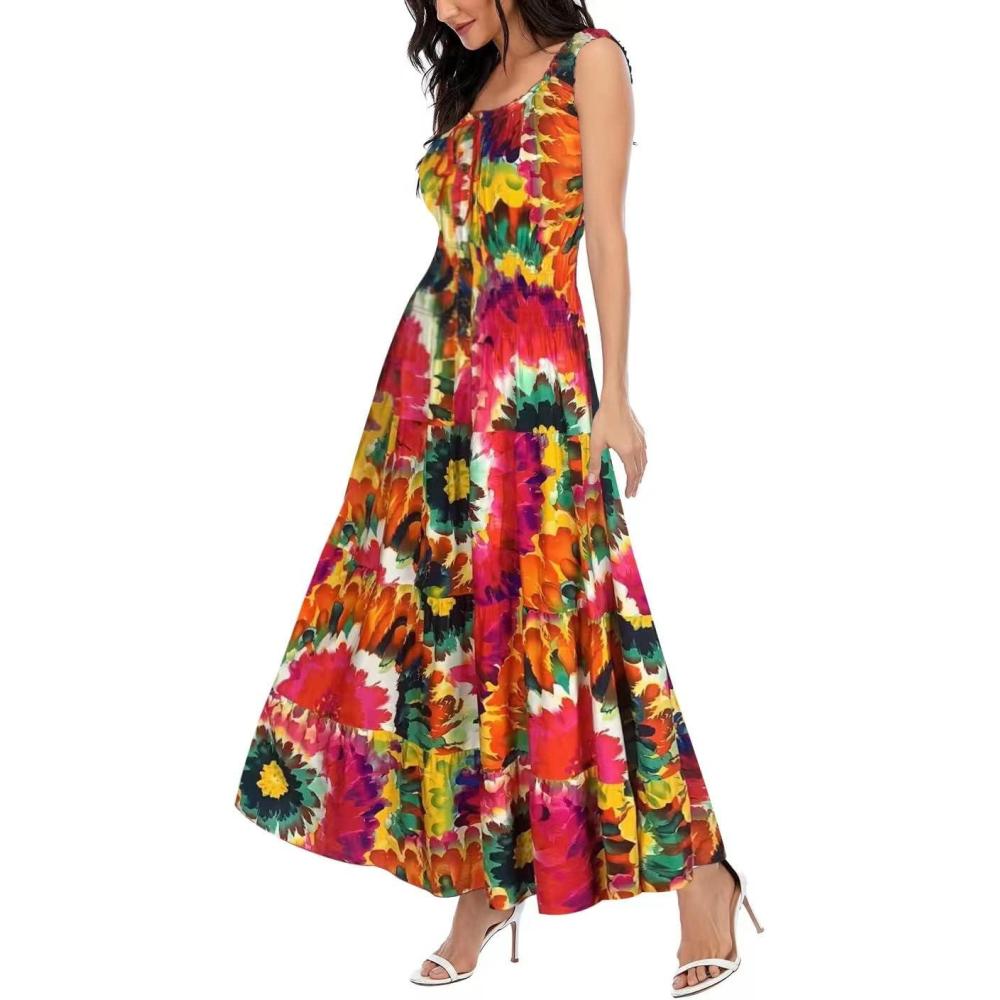 imageOSTOO Womens 2025 Summer Sleeve Boho Floral Print Casual Loose Flowy Maxi DressColorSun Flowers