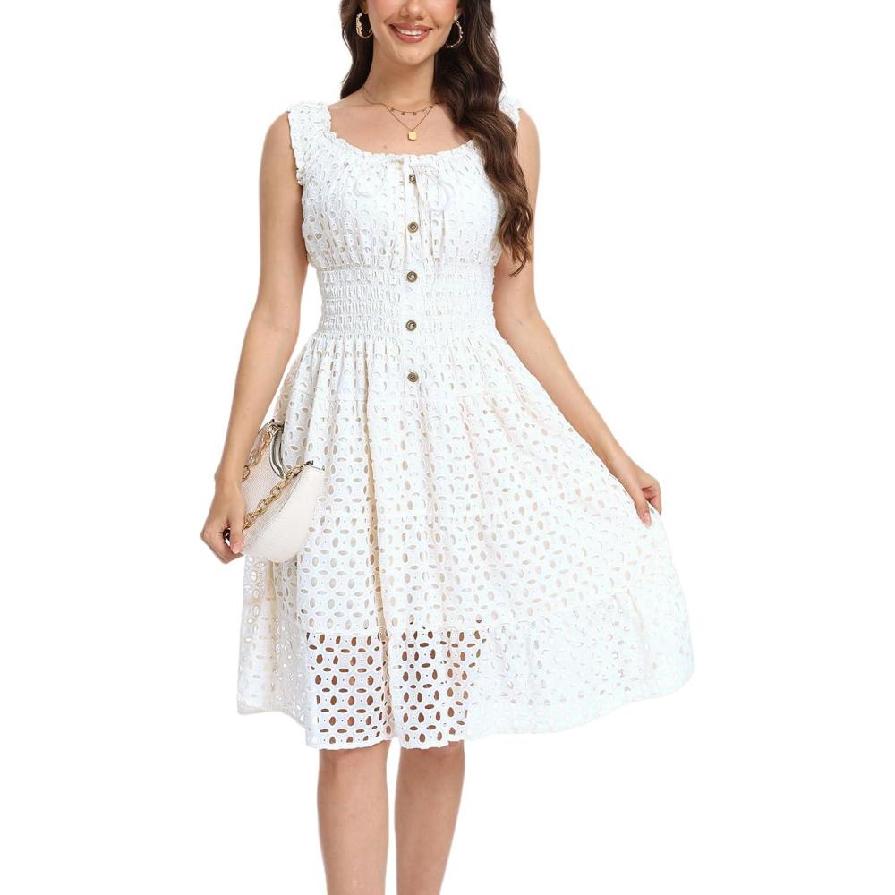 imageWomens 2025 Summer Short Dress Square Neck Hollow Out Lace Casual Beach DressesOffwhite