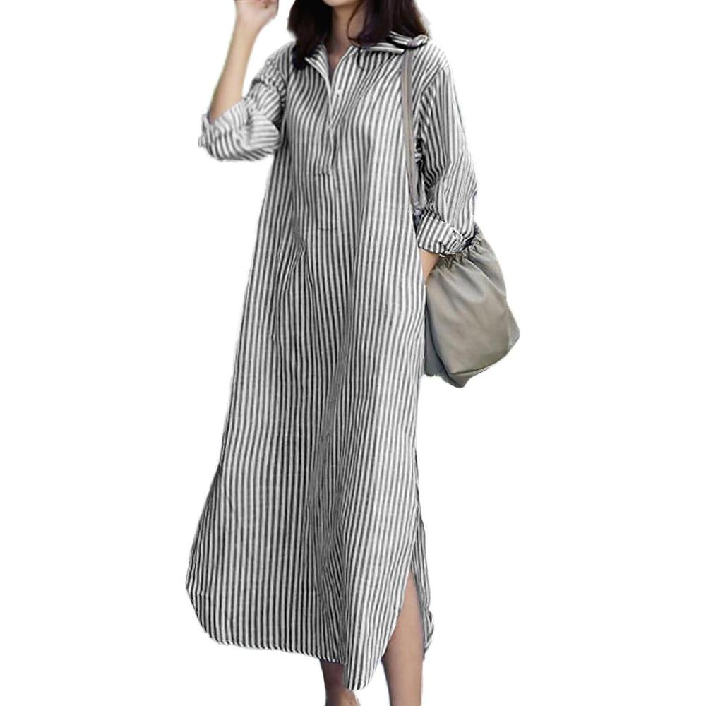 imagechouyatou Women Casual Long Sleeve V Neck Striped Shift Dress Loose Long Maxi Cotton Shirt Dress with PocketBlack