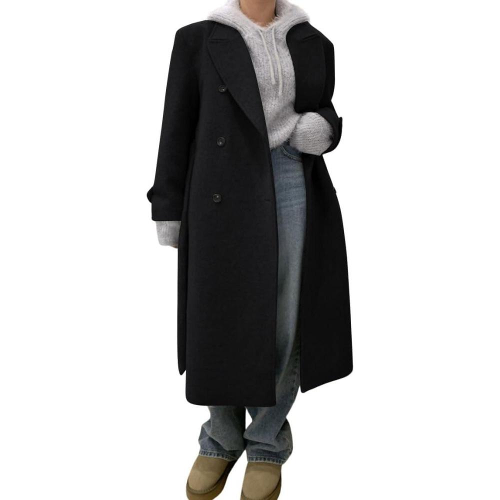 imagechouyatou Women Double Breasted Wool Coat Lapel Collar Long Peacoat Business Casual Trench Coat with BeltBlack