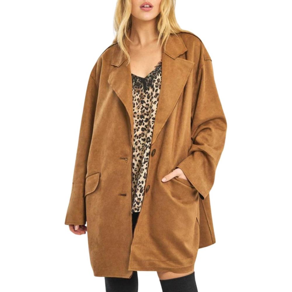imagechouyatou Women Fall Notch Lapel Faux Suede Leather Trench Coat Overcoat Business Casual Midi Long Pea CoatBrown